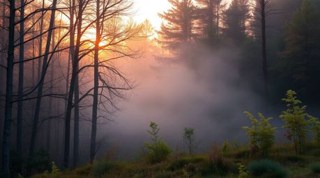 Experience the serene beauty of a golden hour forest with mist rising, captured in a vibrant scene of complementary colors an