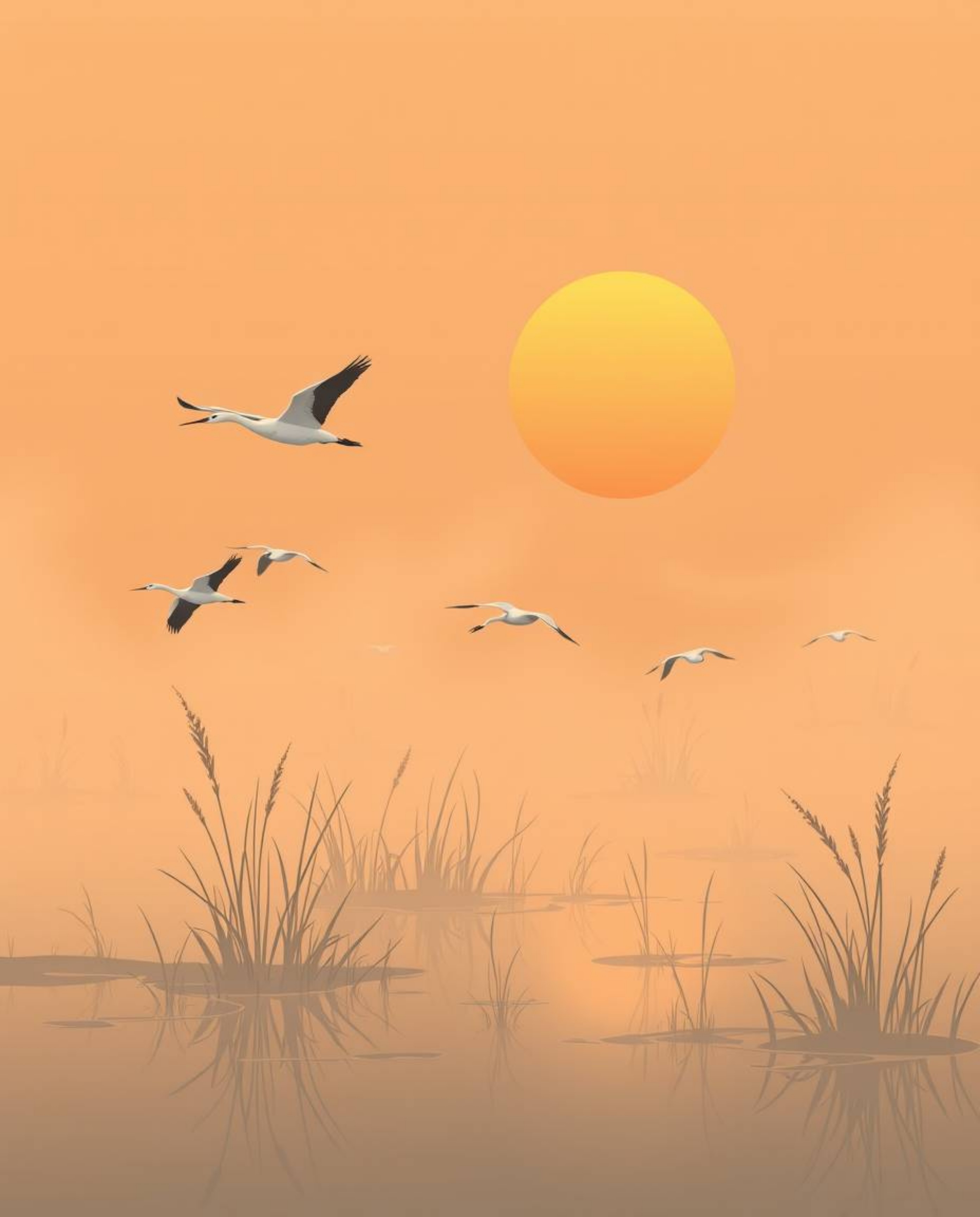 A modern flat design illustration depicting a Golden hour wetlands scene. In this artwork, herons are flying through thick fo