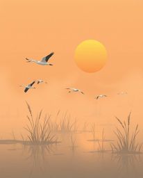 A modern flat design illustration depicting a Golden hour wetlands scene. In this artwork, herons are flying through thick fo