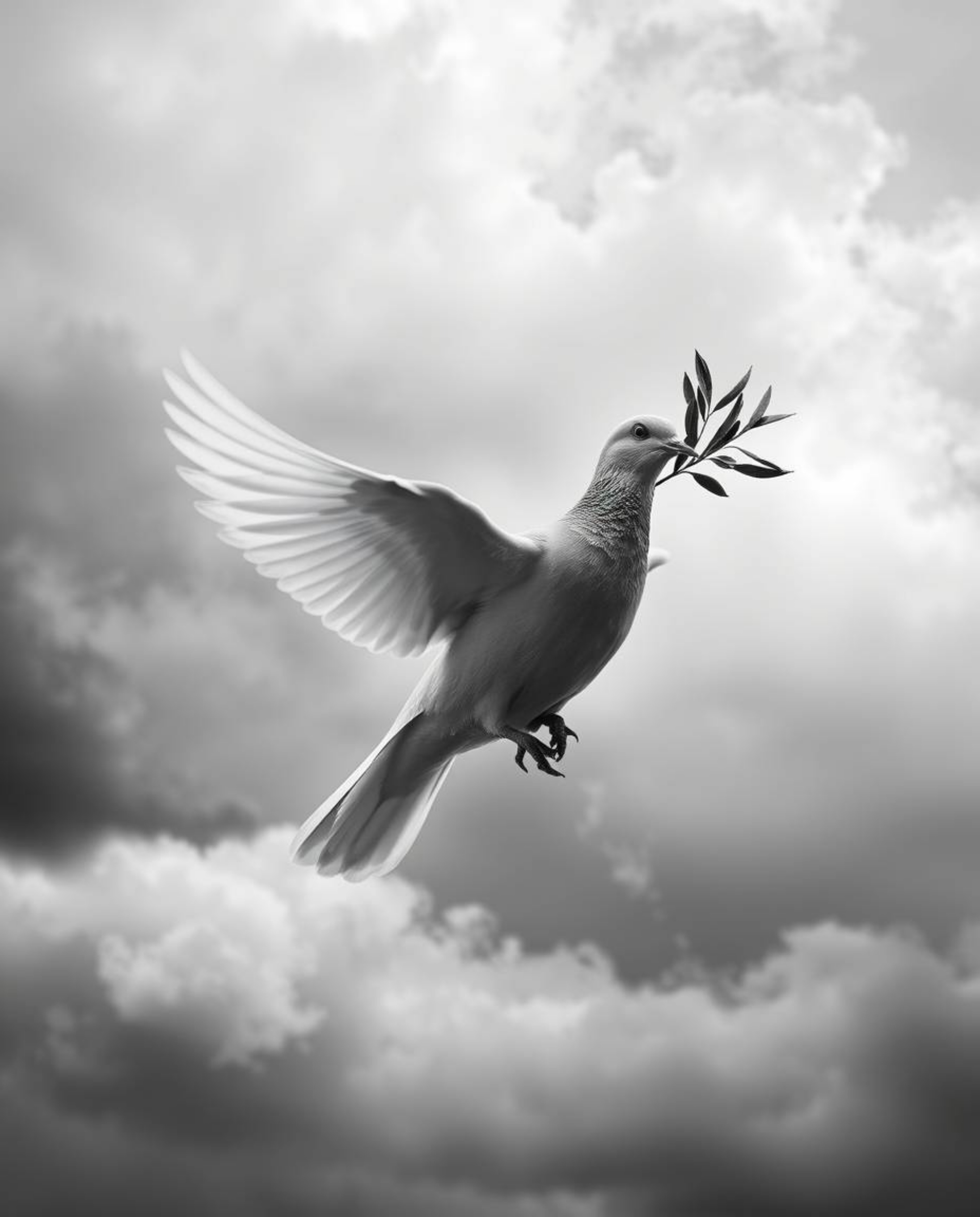 A powerful image depicting a dove carrying an olive branch amidst stormy skies, rendered in classic black and white with time