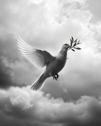 A powerful image depicting a dove carrying an olive branch amidst stormy skies, rendered in classic black and white with time