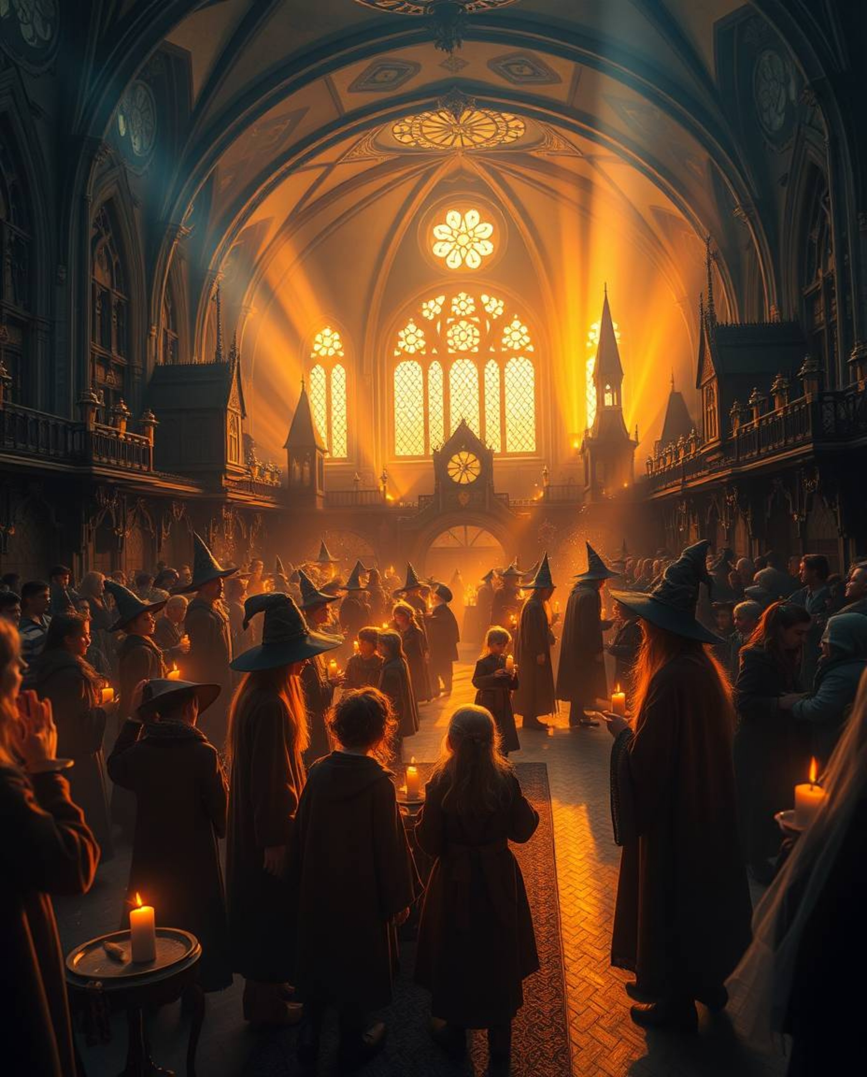 Immerse yourself in the enchanting world of a magical school, where young wizards learn and thrive amidst a radiant golden gl