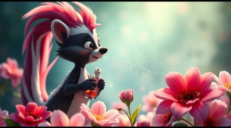 A vibrant and cinematic depiction of a cartoon skunk playfully spraying perfume on flowers. The artwork utilizes complementar