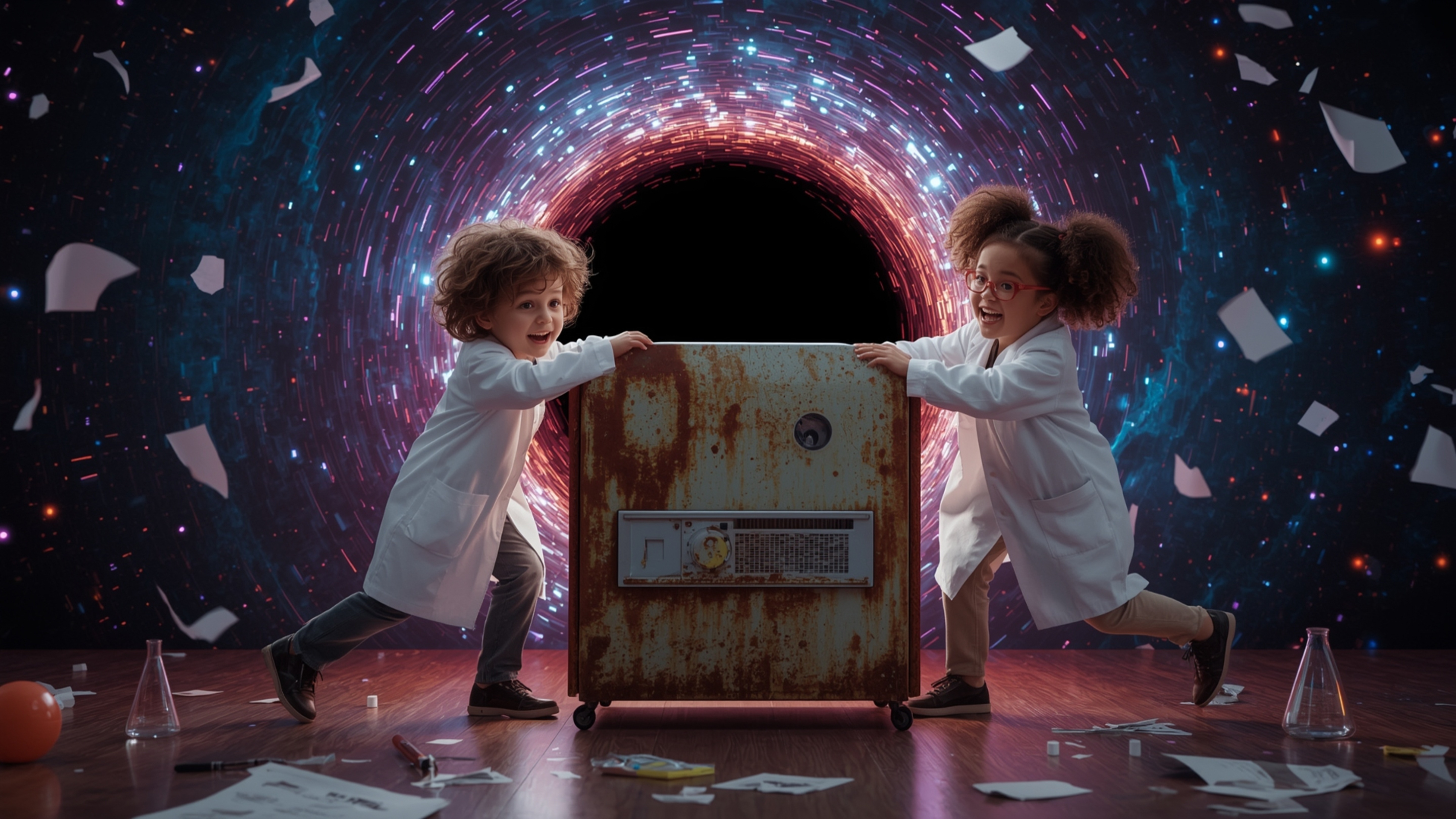 In a vibrant, playful, and chaotic cinematic photo reminiscent of Pixar's fantastical realism, two excited science fair stude