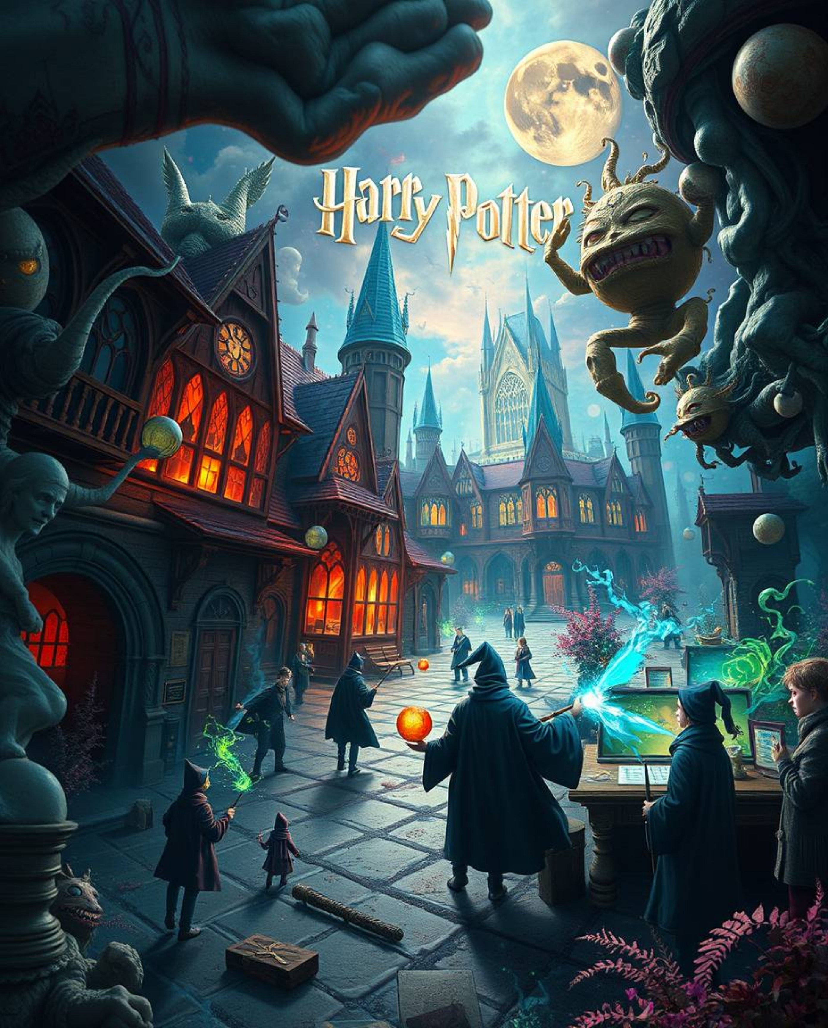 Explore a dreamlike, surreal image of a magical school teeming with young wizards, where fantastical elements and bizarre sce