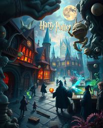 Explore a dreamlike, surreal image of a magical school teeming with young wizards, where fantastical elements and bizarre sce
