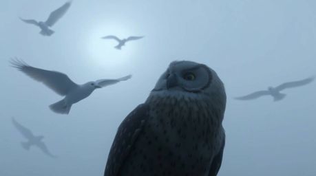 A heartwarming scene depicting a blind owl, rendered in a charming Pixar style, dedicated to teaching birds how to fly. Despi