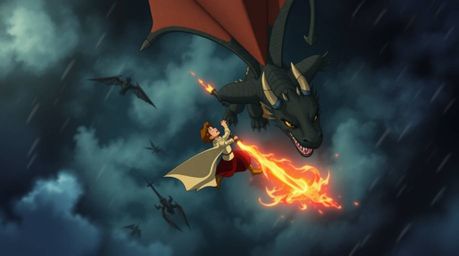 Experience a captivating 1950s-style animation depicting a charming prince bravely battling a fearsome dragon.  This overhead