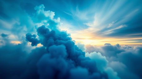 A mesmerizing macro close-up captures a winding stairway of smoke and light, painted in cool blues, greens, and purples, asce