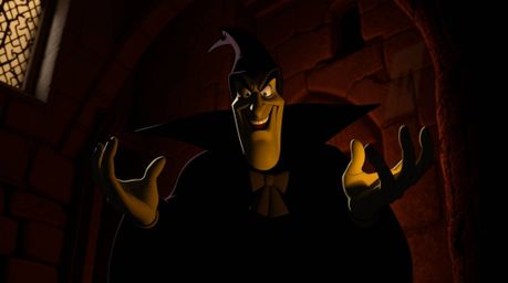 A classic Disney villain, with a sly smile and dark eyes, casts a spell in an old castle bathed in high contrast, low-key lig
