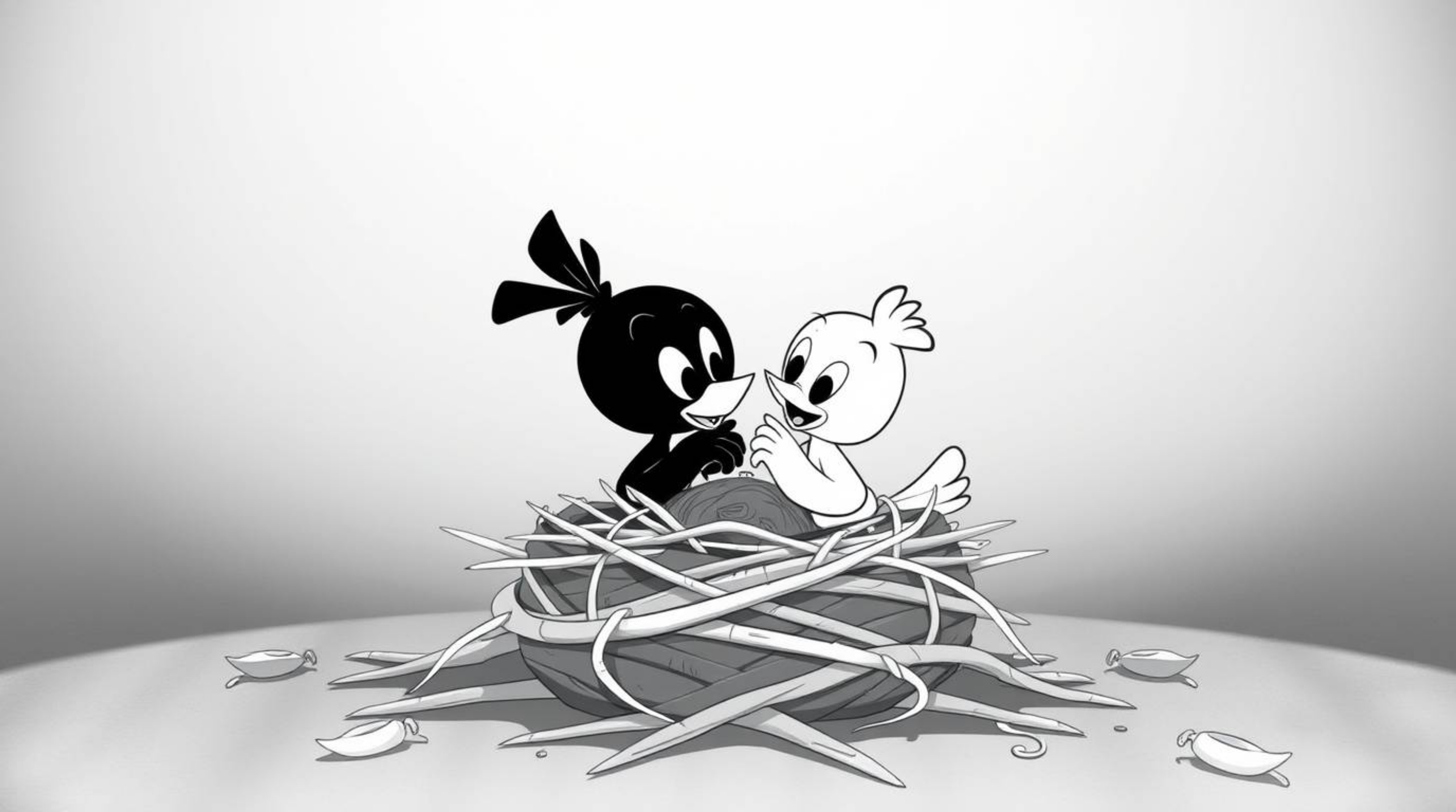 A classic black and white photograph captures the charming scene of two cartoon birds diligently building a nest in a timeles