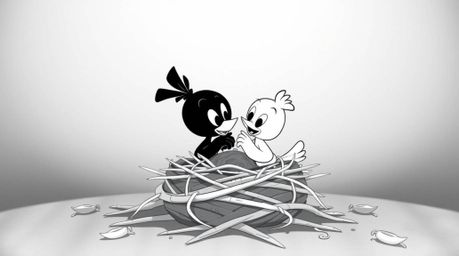 A classic black and white photograph captures the charming scene of two cartoon birds diligently building a nest in a timeles