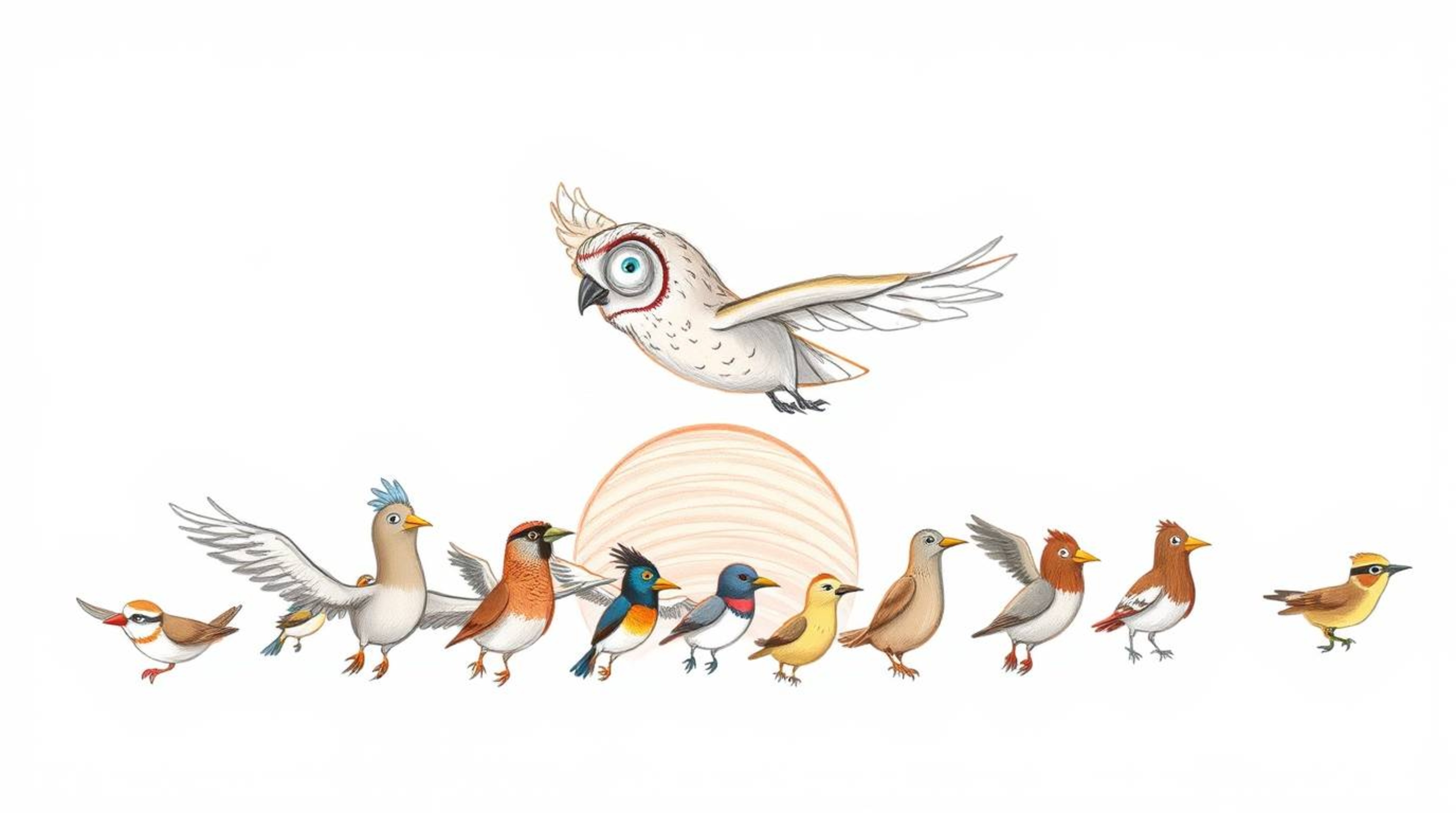 A charming hand-drawn sketch in the style of Pixar depicts a blind owl, rendered with soft pencil strokes, leading a diverse 