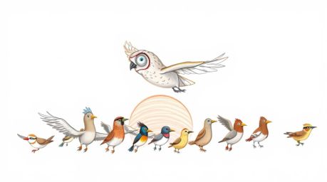 A charming hand-drawn sketch in the style of Pixar depicts a blind owl, rendered with soft pencil strokes, leading a diverse 