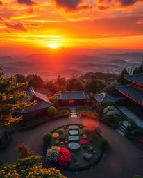 A high-angle perspective of a vibrant and energetic sunset over a serene Zen garden, showcasing bright colors and an elevated