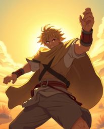 Embark on a radiant desert adventure with a brave Disney-style hero in an Isekai anime setting, bathed in a warm golden glow.