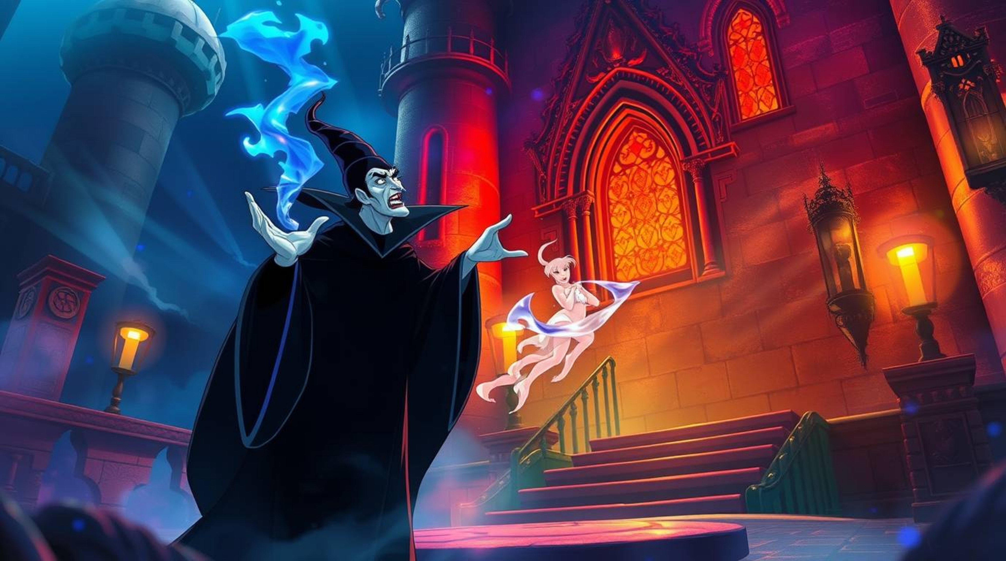 A classic Disney villain takes center stage in this captivating Isekai anime-style artwork.  Iridescent colors and expressive