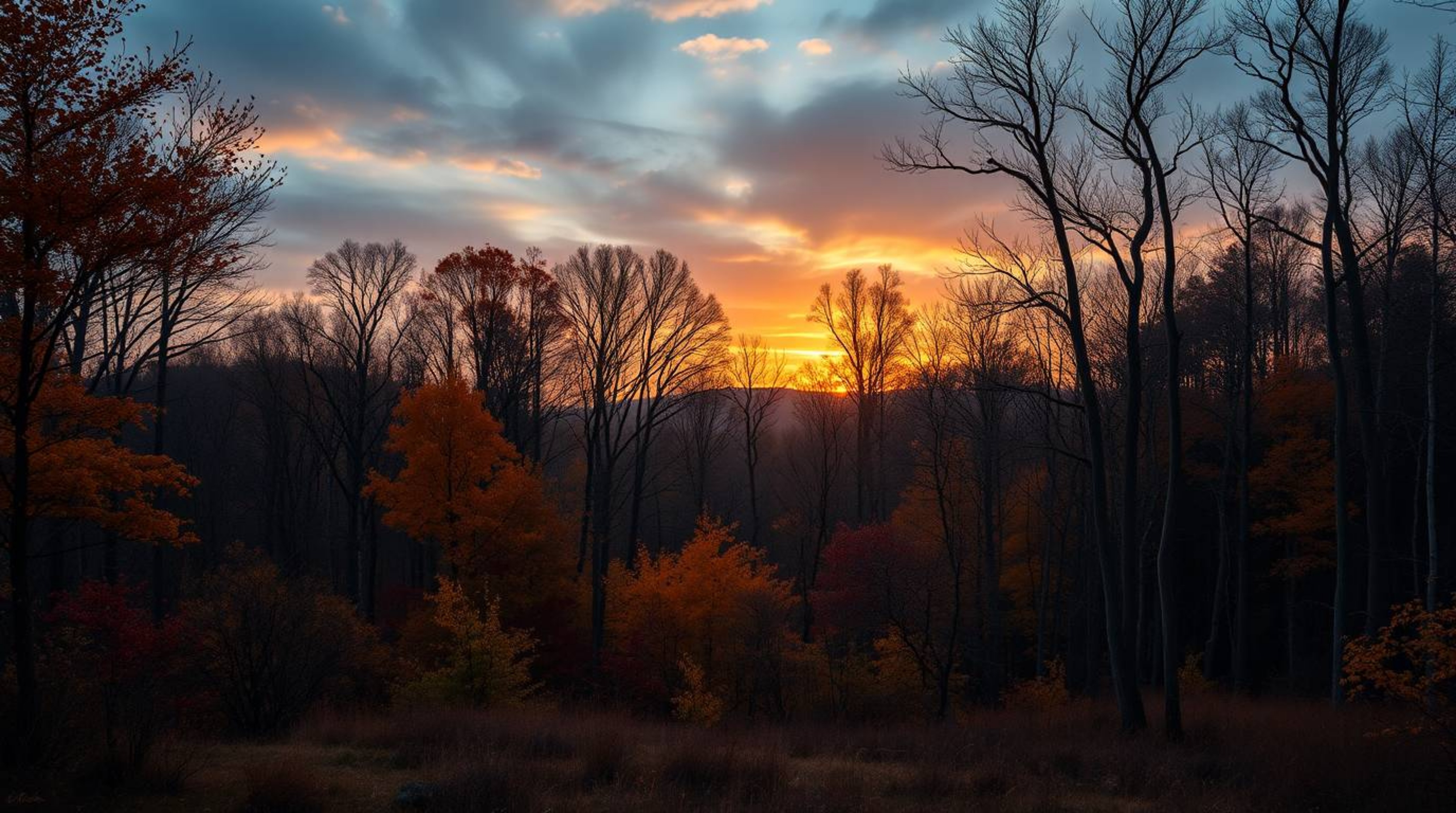 A professional fine art photograph capturing the essence of an autumn forest at sunset. The image features warm, slightly dar