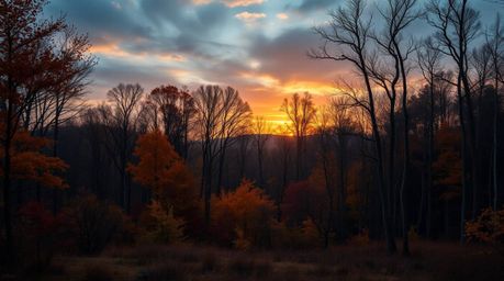 A professional fine art photograph capturing the essence of an autumn forest at sunset. The image features warm, slightly dar