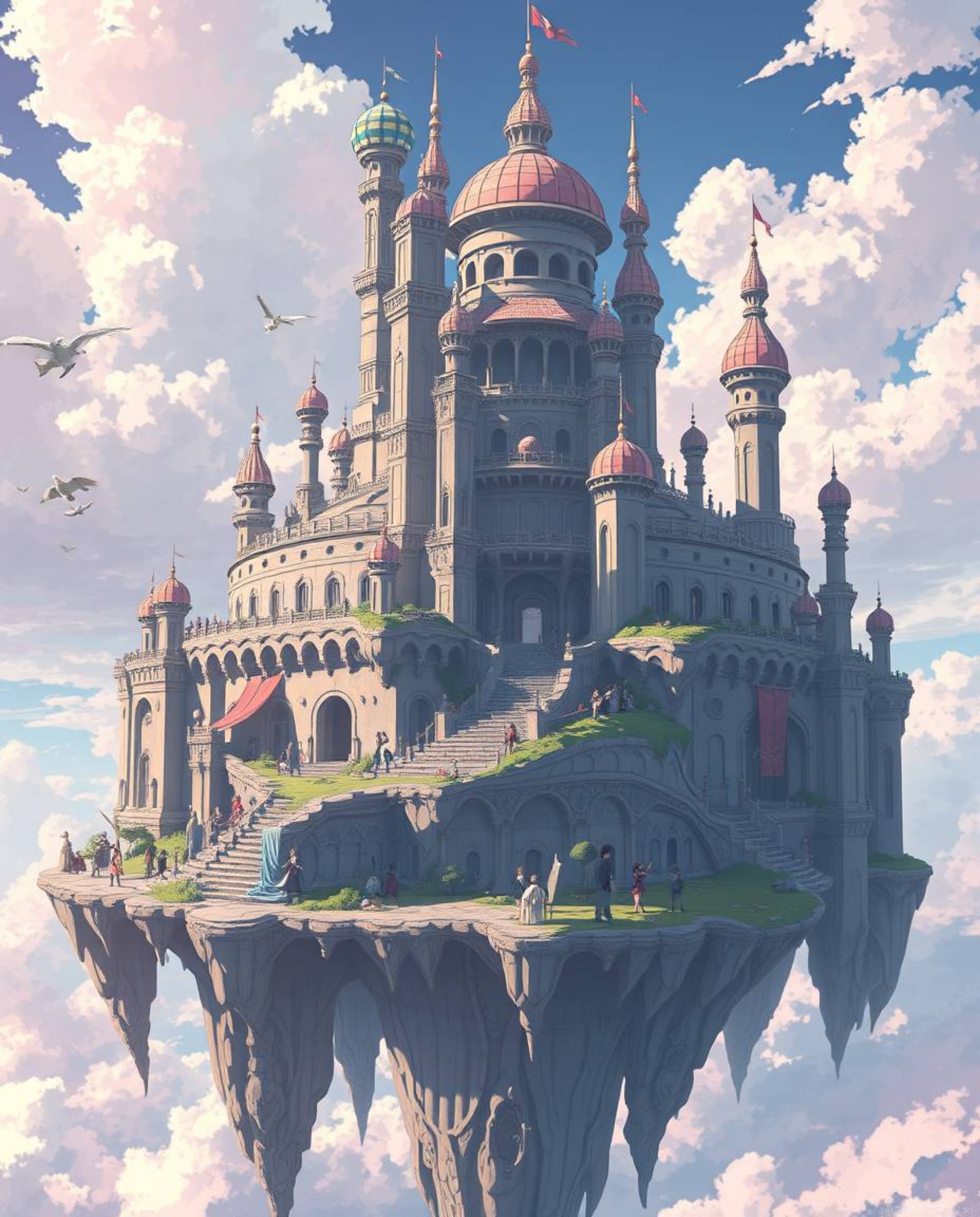 Explore a breathtaking surreal floating island, a masterpiece of Isekai anime aesthetics. Imagine a colossal structure adorne