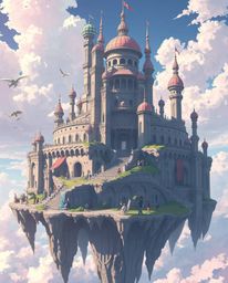 Explore a breathtaking surreal floating island, a masterpiece of Isekai anime aesthetics. Imagine a colossal structure adorne