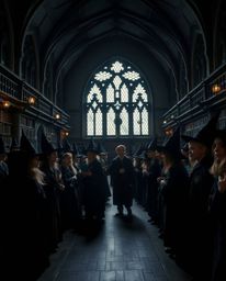 A captivating photograph depicts a magical school brimming with young wizards. Rendered in intense jet black with dramatic l
