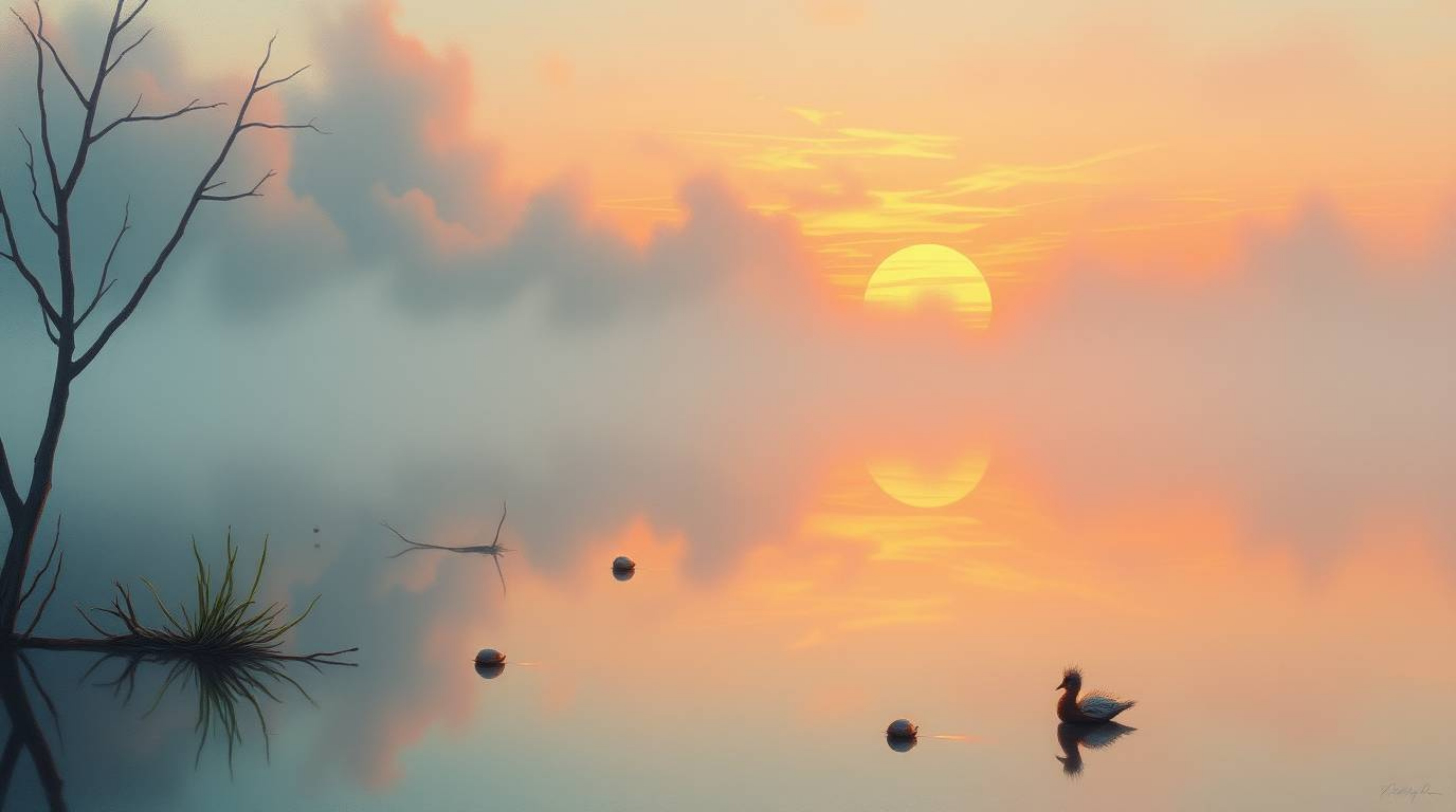 Explore a dreamlike world filled with surreal imagery, a soft and dreamy atmosphere where a colorful sunset is reflected in a