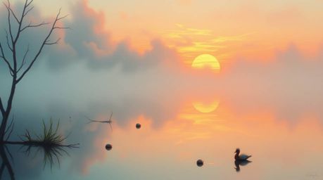 Explore a dreamlike world filled with surreal imagery, a soft and dreamy atmosphere where a colorful sunset is reflected in a