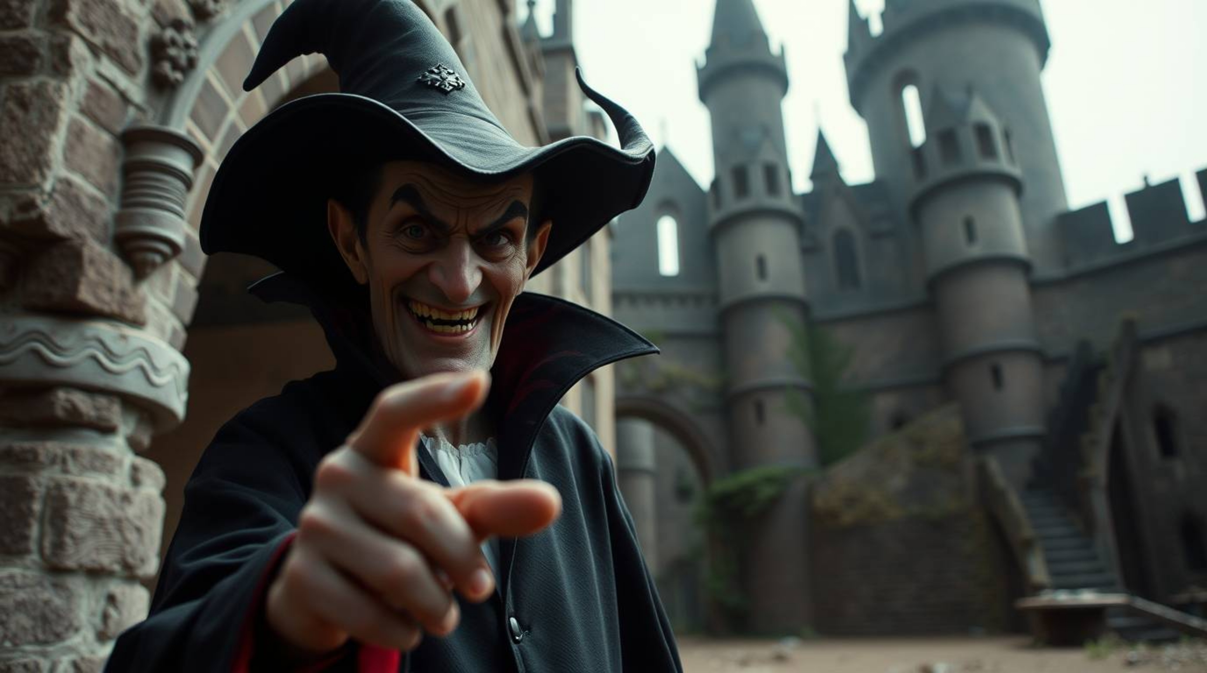 Capture the essence of candid street photography with a captivating image: A classic Disney villain, with a sly grin and dark