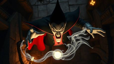 A high-resolution stock photo presents an overhead, bird’s-eye view of a classic Disney villain, characterized by sharp featu