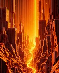 Experience the captivating allure of a digital glitch landscape, rendered in warm golden hues. Sharp lines and intricate stru