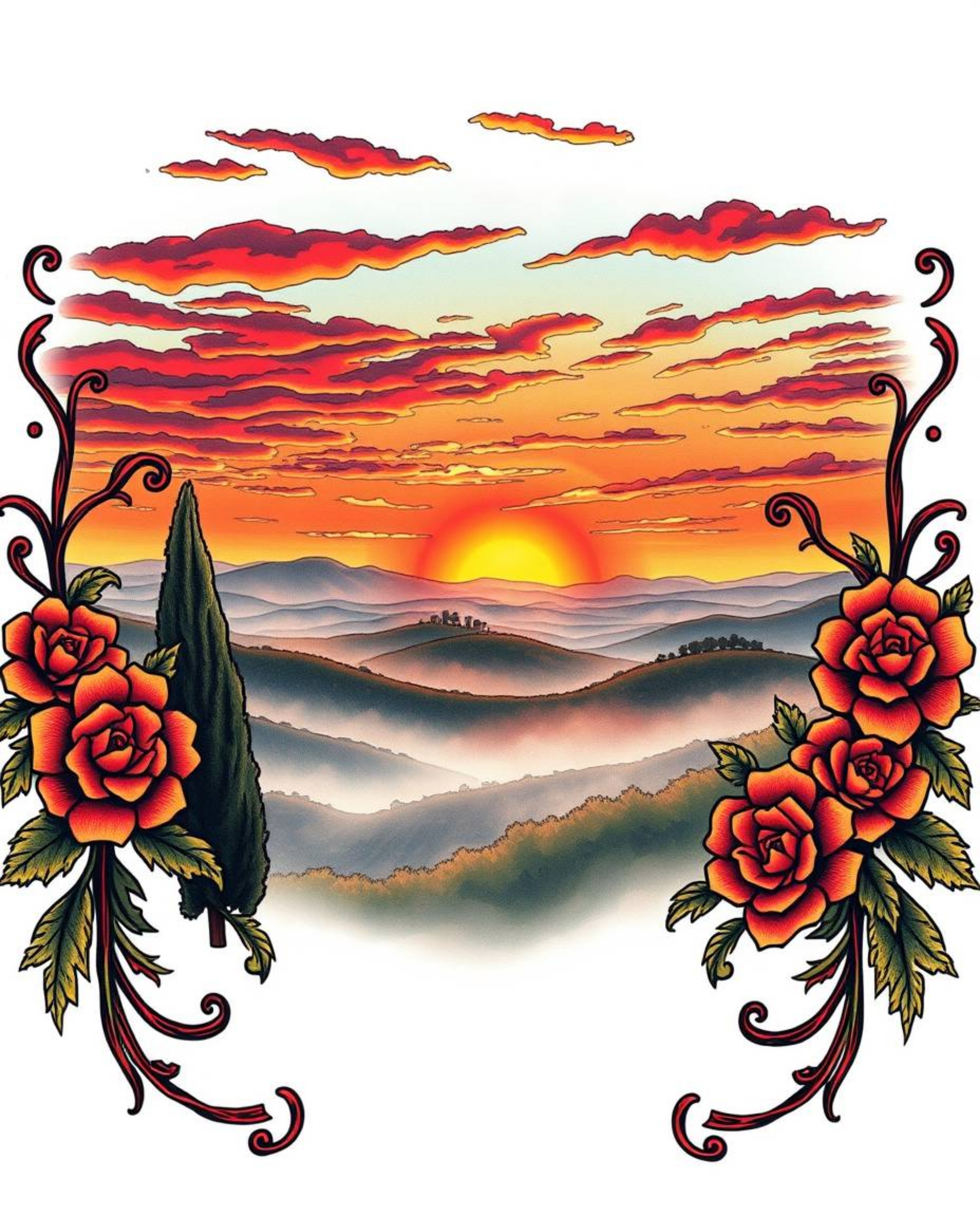 A traditional tattoo art print depicting a vibrant sunset over misty Tuscan hills, viewed from above, in a retro style with c