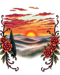 A traditional tattoo art print depicting a vibrant sunset over misty Tuscan hills, viewed from above, in a retro style with c