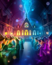 Discover a captivating light art piece depicting a magical school brimming with young wizards.  Experience smooth gradient tr