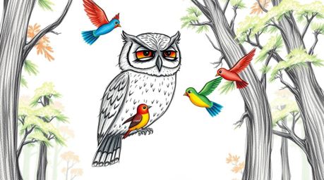 A captivating hand-drawn sketch depicts a wise and patient blind owl, reminiscent of Pixar animation, teaching colorful birds