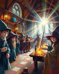 Discover a captivating world of classic oil painting style, featuring a magical school brimming with young wizards. Experien