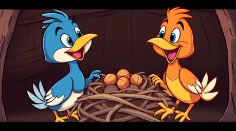 Delightful artwork showcasing two cartoon birds diligently constructing their nest. Rendered in a classic animation style, th