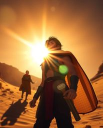 Experience a breathtaking desert adventure with a brave Disney-style hero.  A warm, golden glow dramatically illuminates the 