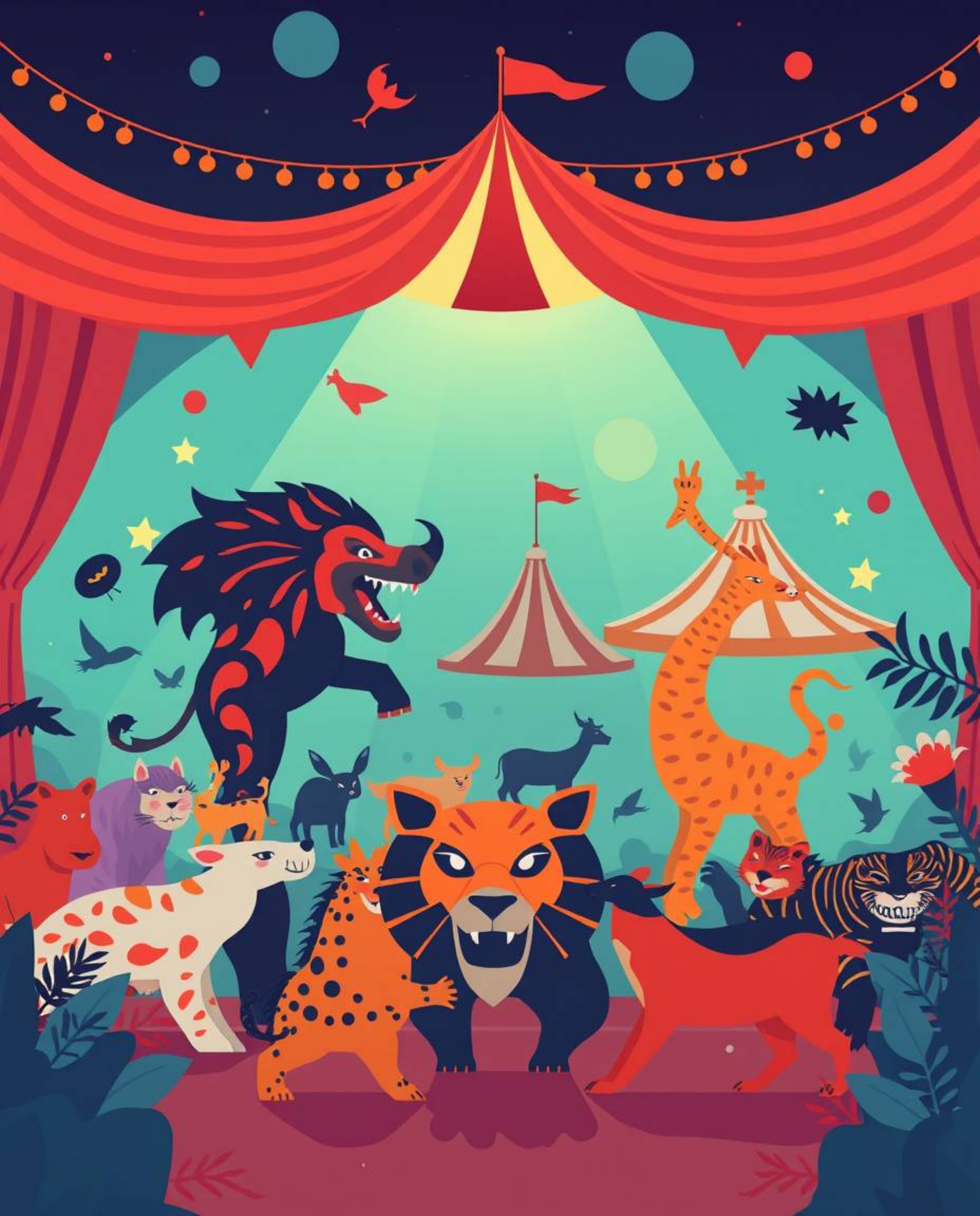A modern carnival, depicted in a flat design style, is unexpectedly overtaken by wild animals, creating a scene of vibrant ch