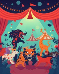 A modern carnival, depicted in a flat design style, is unexpectedly overtaken by wild animals, creating a scene of vibrant ch