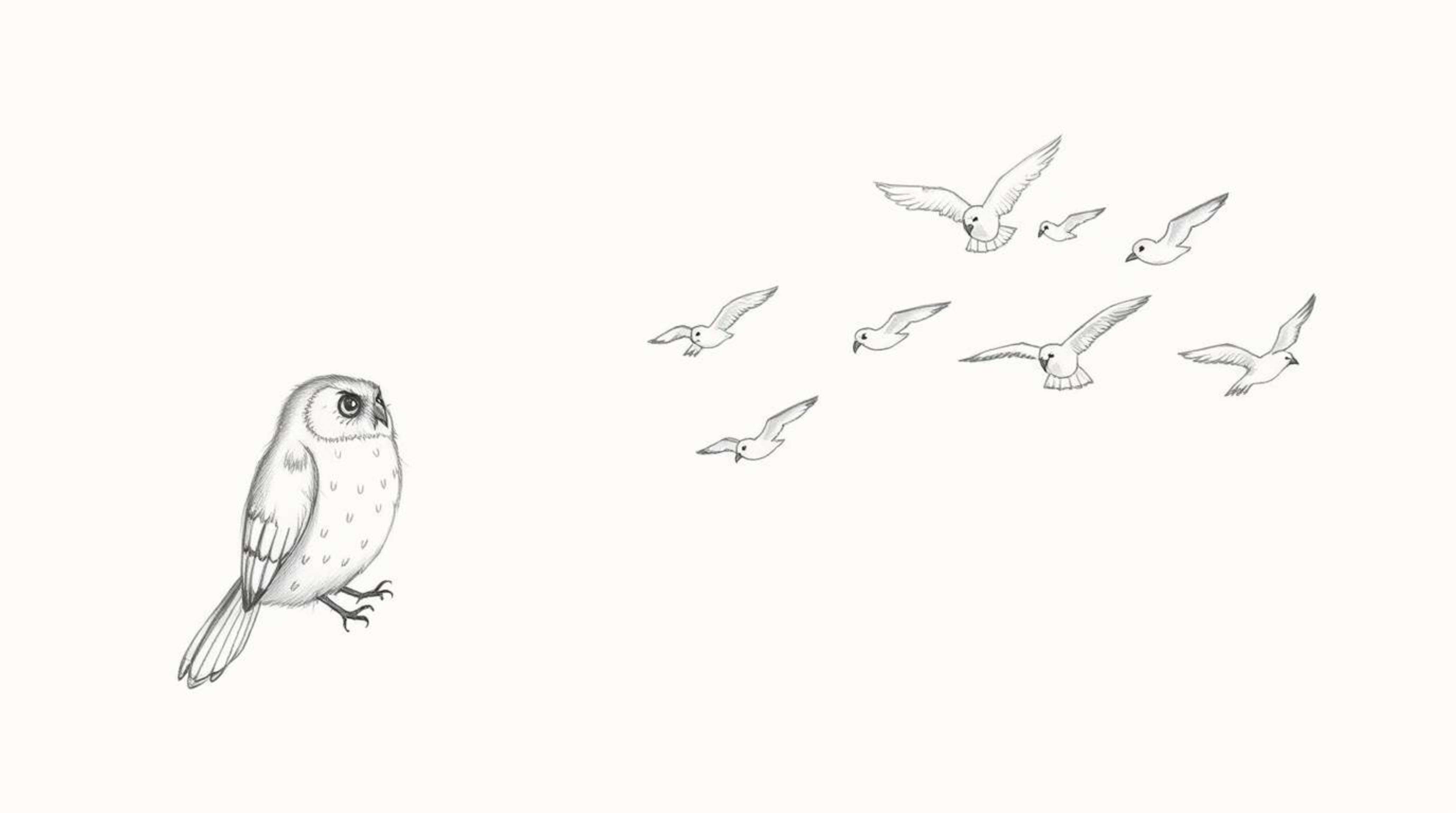 A heartwarming hand-drawn sketch in the style of Pixar showcases a blind owl with delicate, textured pencil strokes, passiona
