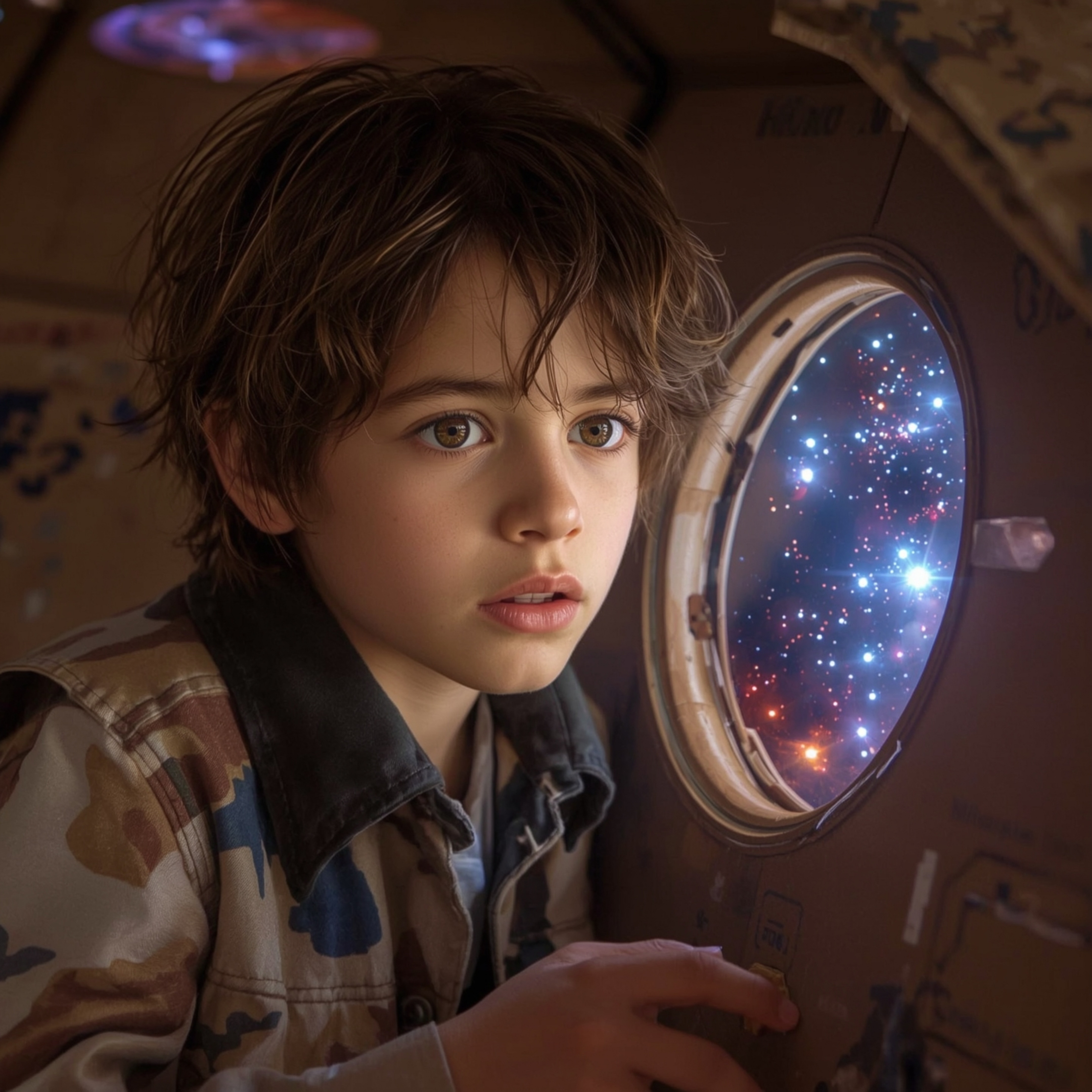 Exquisite high-fashion photography captures a young boy with bright brown eyes and messy brown hair, building a miraculously 