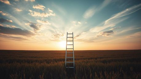 High-resolution stock photo capturing a minimalist scene of a silver ladder standing in an open field under a wide, cloudy sk