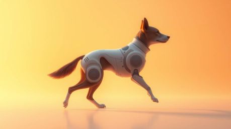 Imagine a heartwarming scene: a futuristic dog, bathed in the soft pastel hues of a cosmic sunrise or sunset, confidently wal