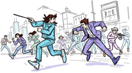 Experience the thrill of a hand-drawn chase scene rendered in a vibrant color sketchnote style.  This animation incorporates 