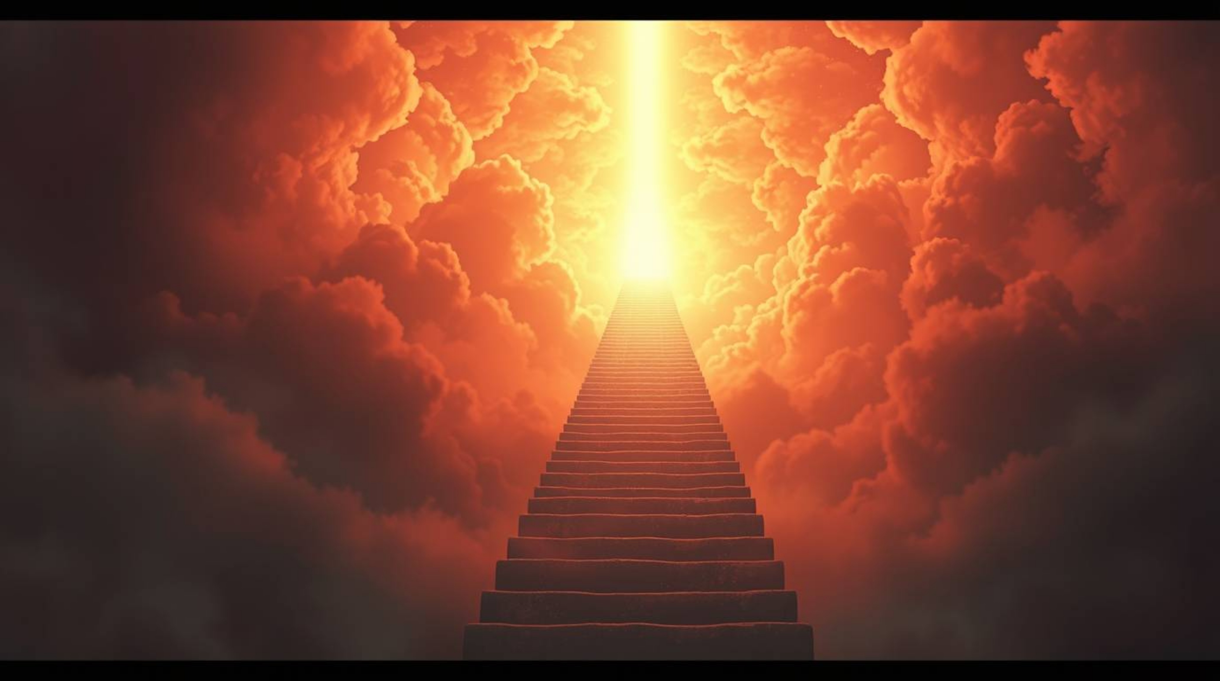 Discover a captivating isekai anime-style artwork depicting a surreal stairway ascending through smoky clouds towards a celes