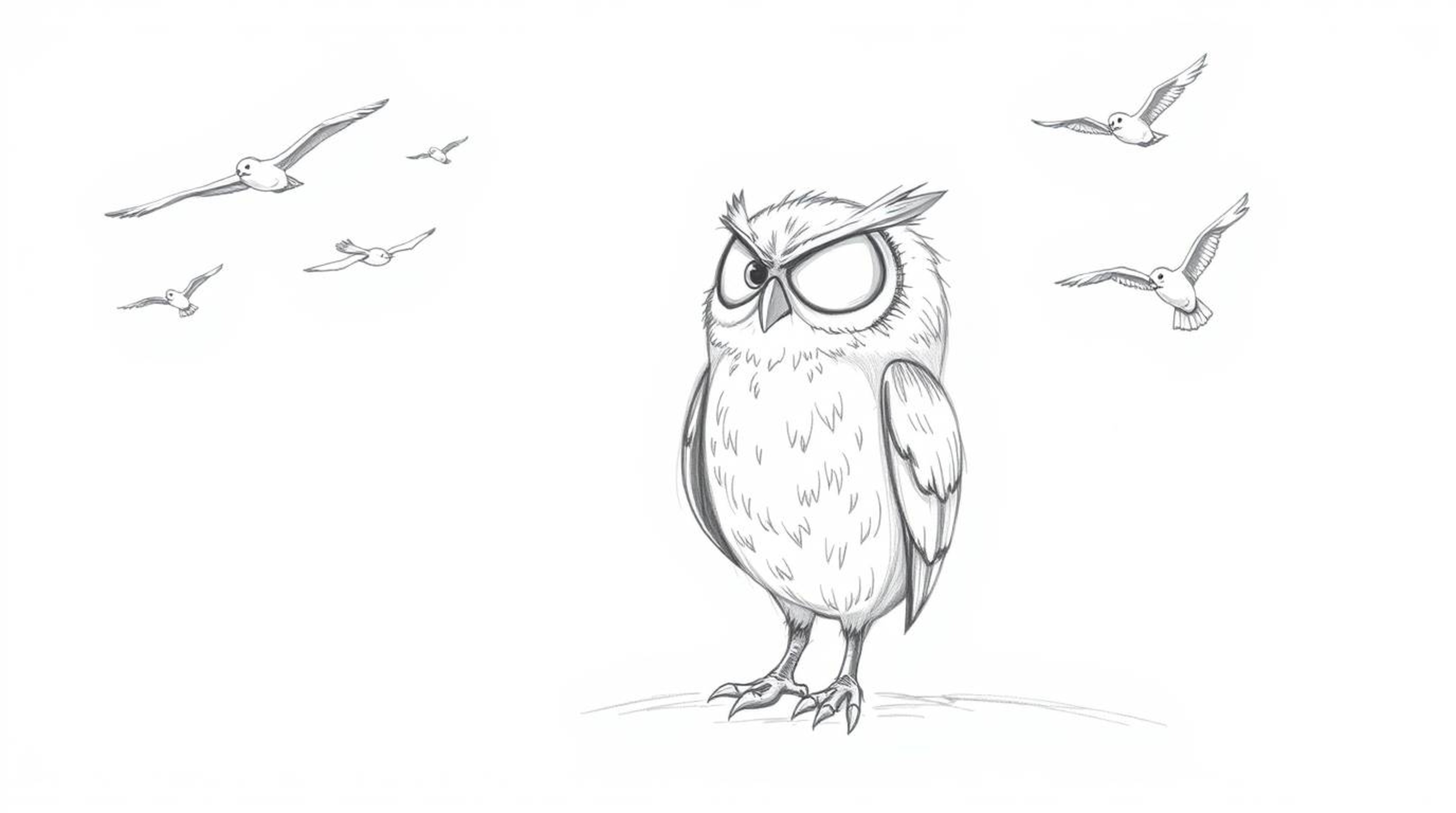 A heartwarming hand-drawn pencil sketch depicts a wise, blind owl, rendered in the expressive style of Pixar, teaching a clas