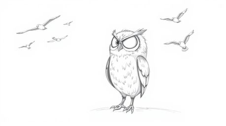 A heartwarming hand-drawn pencil sketch depicts a wise, blind owl, rendered in the expressive style of Pixar, teaching a clas