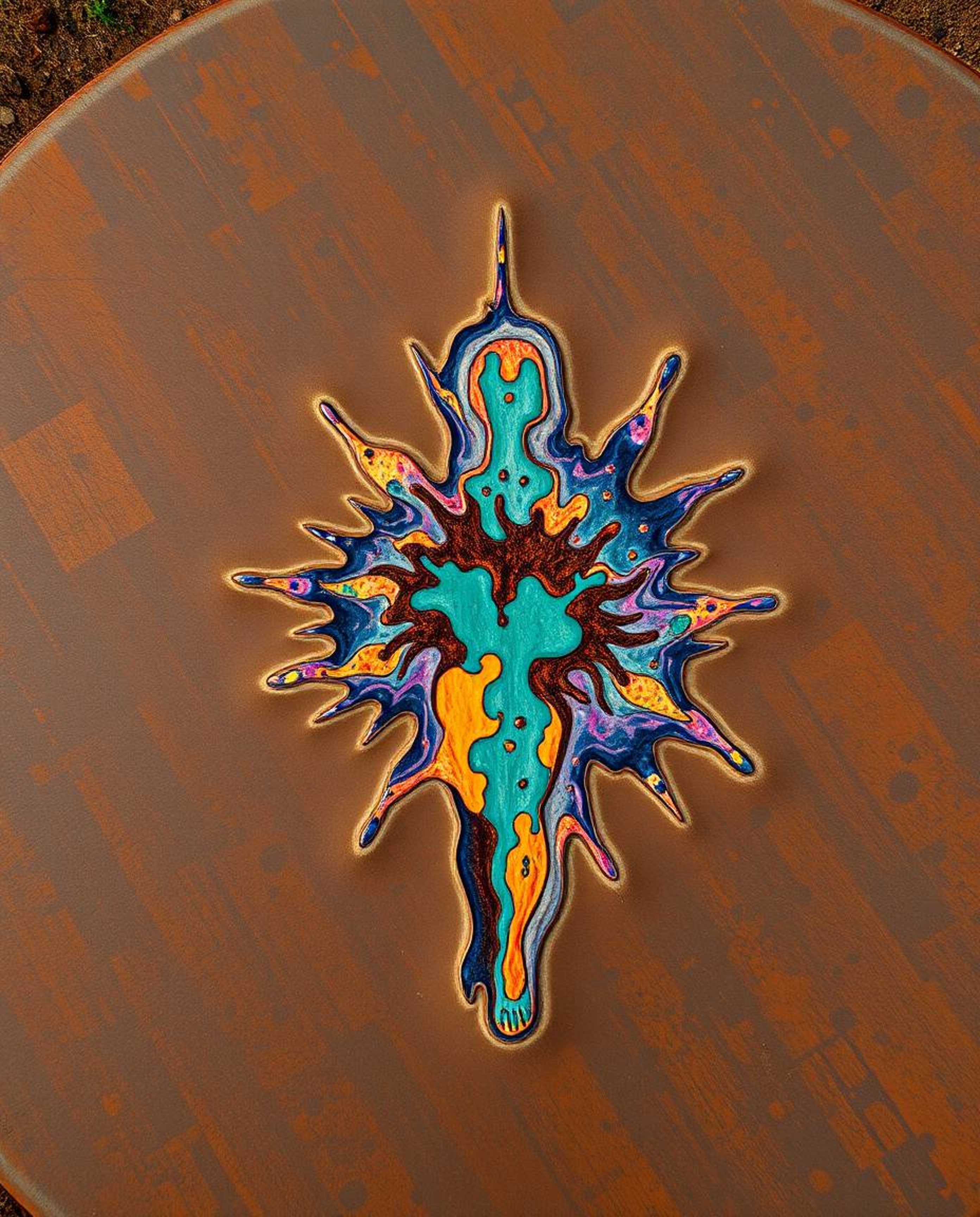 Discover a captivating overhead view of a cast bronze sculpture with a rich patina finish.  The surreal infrared tones highli