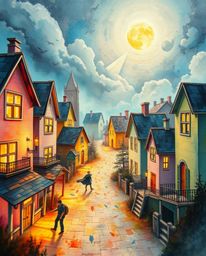 Discover a surreal and dreamlike watercolor painting depicting a sleepy town filled with pastel-colored houses. Experience d